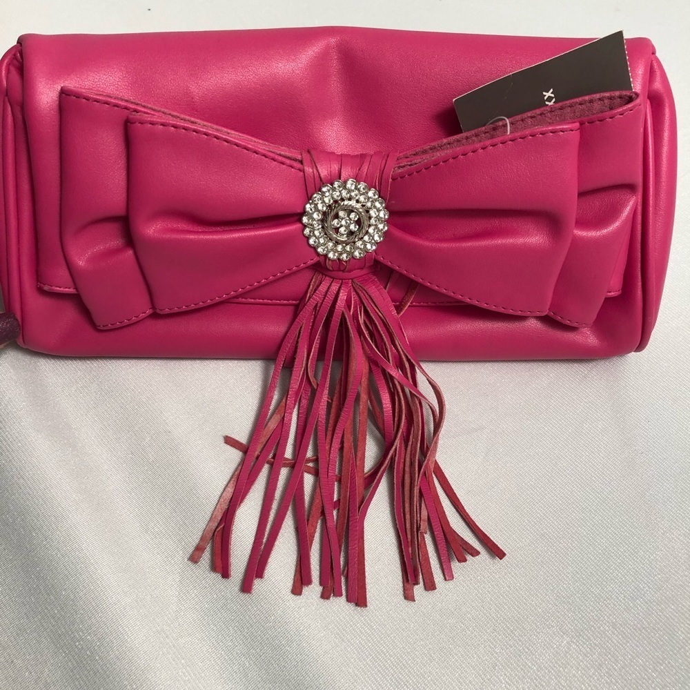 Mexx watermelon clutch with rhinestone and fringe embellishment